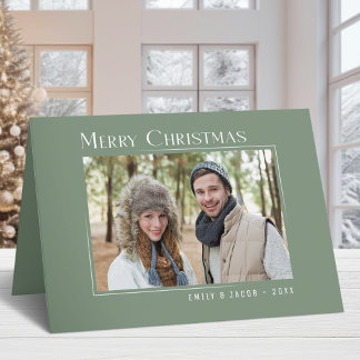 Merry Christmas Modern Family Photo Elegant Green Holiday Card