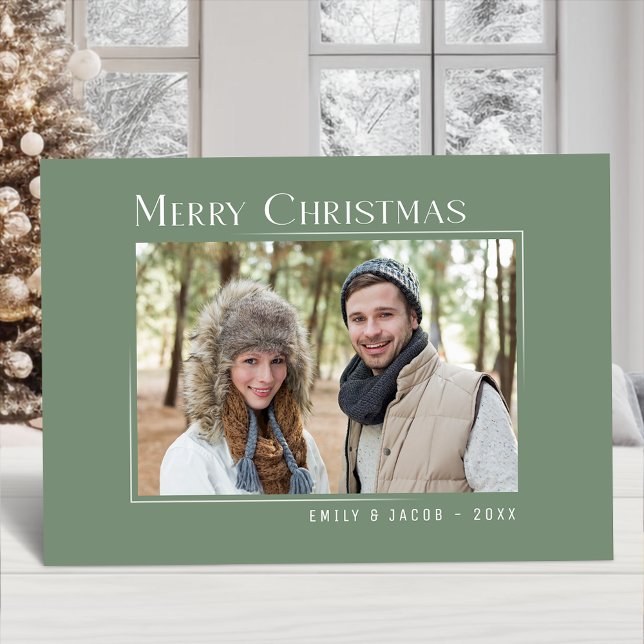 Merry Christmas Modern Family Photo Elegant Green Holiday Card (Available in high quality print or digital download for quick text messaging, email or self print.)