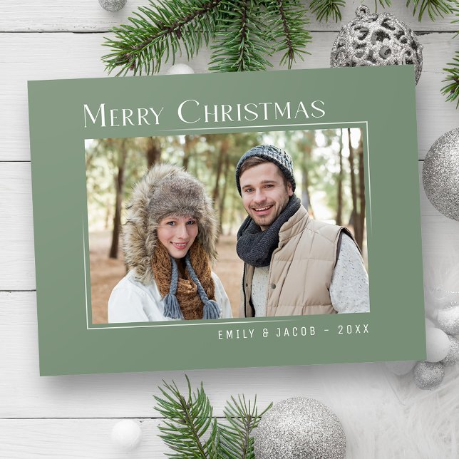 Merry Christmas Modern Family Photo Elegant Green Holiday Postcard (Creator Uploaded)