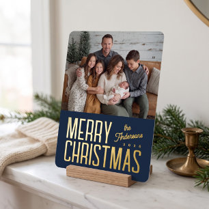 Merry Christmas Modern Family Photo - Navy Blue Foil Holiday Card