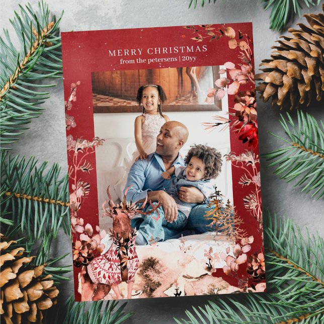 Merry Christmas modern floral and reindeer photo Holiday Card (Creator Uploaded)