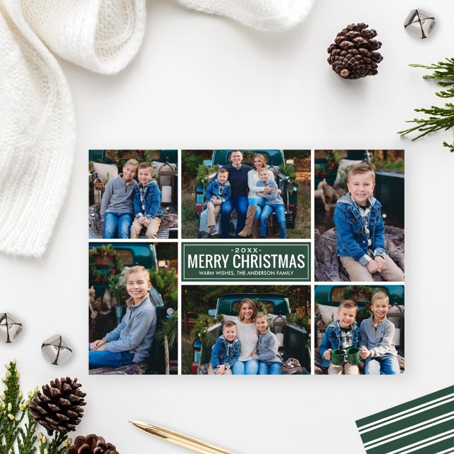 Merry Christmas Modern Forest Green Photo Collage Holiday Card (Creator Uploaded)