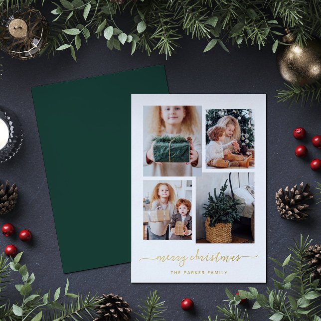 Merry Christmas | Modern Four Photo Collage Gold Foil Holiday Card (A modern Christmas card with a four photo grid, and elegant gold foil script)