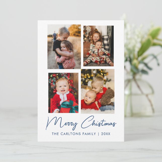 Merry Christmas | Modern Four Photo Collage Holiday Card (Standing Front)