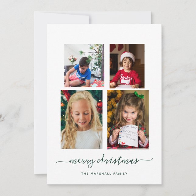 Merry Christmas | Modern Four Photo Collage Holiday Card (Front)