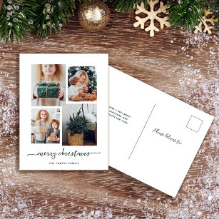 Merry Christmas   Modern Four Photo Collage Holiday Postcard