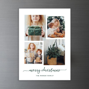 Merry Christmas   Modern Four Photo Collage Magnetic Invitation