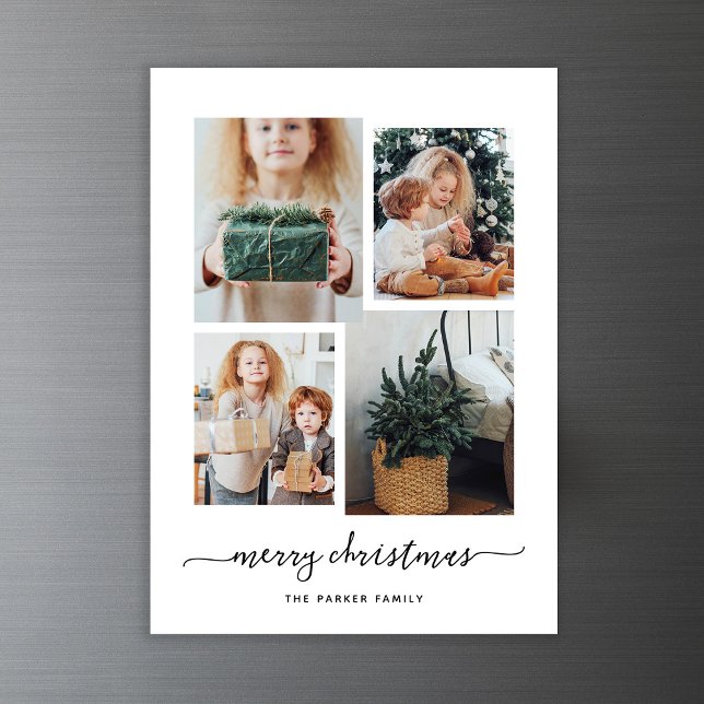 Merry Christmas | Modern Four Photo Collage Magnetic Invitation (A modern photo collage on this magnetic Christmas card)