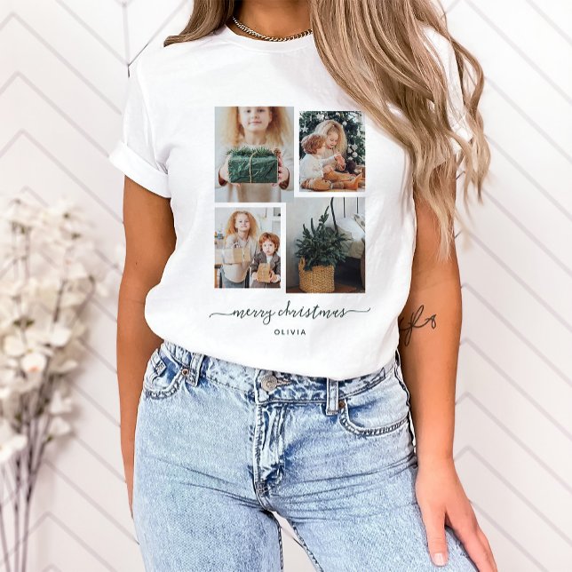Merry Christmas | Modern Four Photo Collage T-Shirt (This holiday shirt features a trendy and modern four photo collage with dark green script)