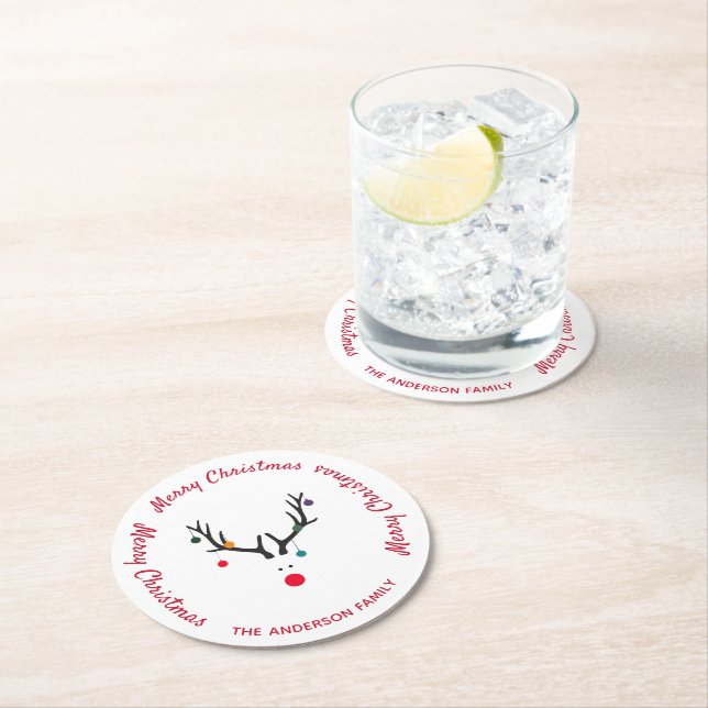 Merry Christmas modern funny reindeer white Round Paper Coaster (Insitu)
