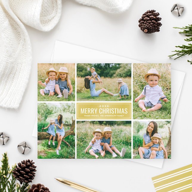 Merry Christmas Modern Gold Photo Collage Holiday Card (Creator Uploaded)