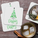 Merry Christmas Modern Green Tree Holiday Square Paper Coaster<br><div class="desc">Christmas tree of green balls and black stars and the greeting MERRY CHRISTMAS are featured on a light grey background is features on these heavy paper coasters. MATCHING items in our collection.</div>