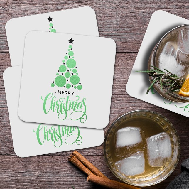 Merry Christmas Modern Green Tree Holiday Square Paper Coaster (Order in sets of 6 coasters)