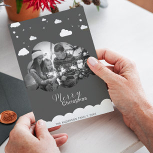 Merry Christmas Modern Grey, Cloud Photo Holliday  Invitation