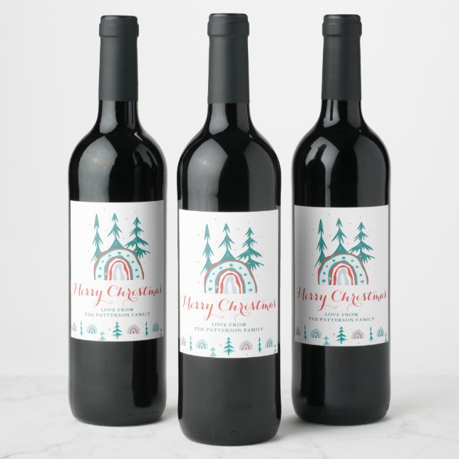 Merry Christmas Modern Holiday Rainbow Trees Wine Label (Bottles)