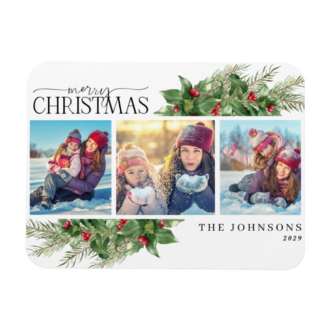 Merry Christmas Modern Holly Berry Photo Magnet (Horizontal)