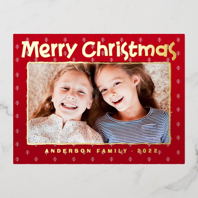 Merry Christmas Modern Leaf Pattern Family Photo Foil Holiday Postcard (Front)