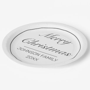 Merry Christmas Modern Minimalist White Black Paper Plate
