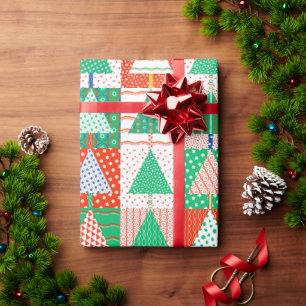 Merry Christmas Modern Patchwork Christmas Trees Wrapping Paper