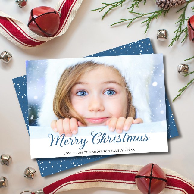 Merry Christmas Modern Photo Blue Holiday Card (Creator Uploaded)