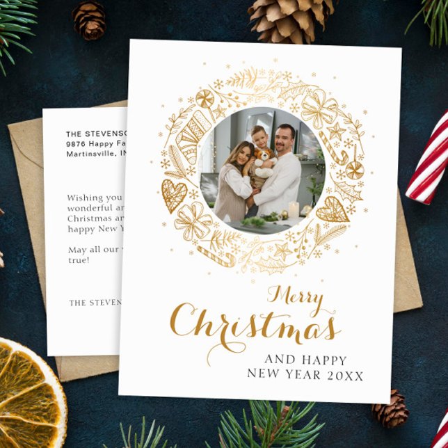 Merry Christmas Modern Photo Christmas wreath Holiday Postcard (Creator Uploaded)