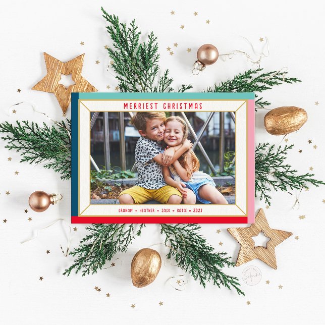 MERRY CHRISTMAS modern photo colour faceted border Holiday Card (Creator Uploaded)