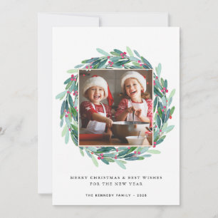 Merry Christmas Modern Photo Holiday Holly Wreath