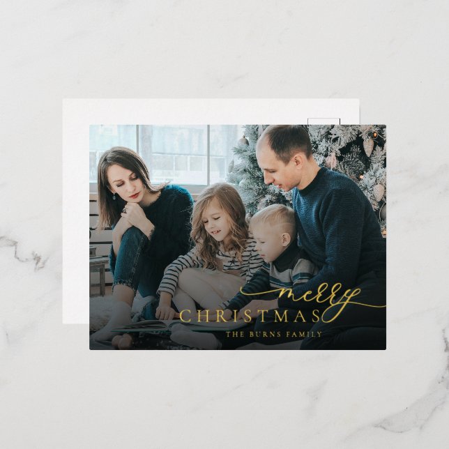 Merry Christmas Modern Photo Script Elegant Foil Holiday Postcard (Front/Back)