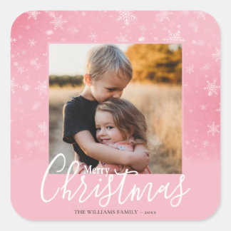 Merry Christmas Modern Photo Snowy Winter Pink Square Sticker