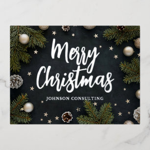 Merry Christmas Modern Pine Ornaments Stars Foil Holiday Postcard