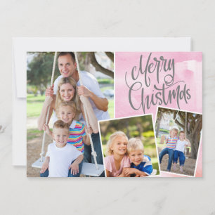 Merry Christmas Modern Pink Watercolor Three Photo