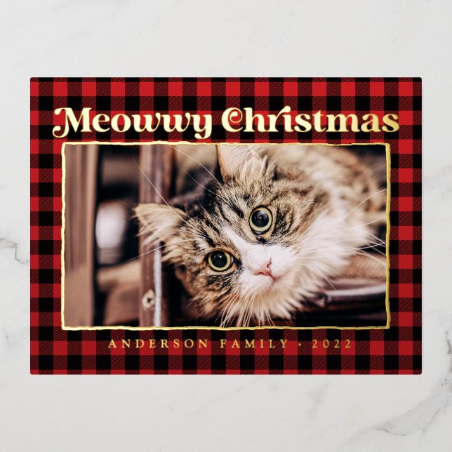 Merry Christmas Modern Plaid Funny Pet Cat Photo Foil Holiday Postcard (Front)