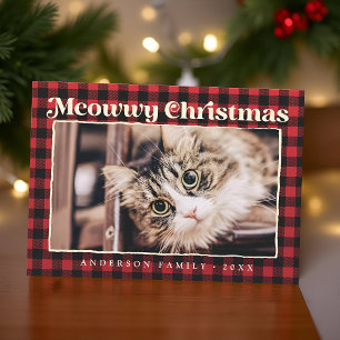 Merry Christmas Modern Plaid Funny Pet Cat Photo Holiday Card