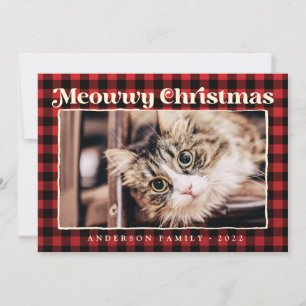 Merry Christmas Modern Plaid Funny Pet Cat Photo Holiday Card