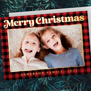 Merry Christmas Modern Plaid Pattern Family Photo Foil Holiday Card