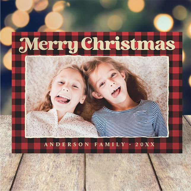 Merry Christmas Modern Plaid Pattern Family Photo Holiday Card (Creator Uploaded)