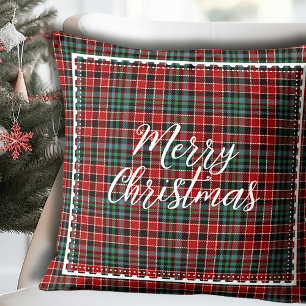 Merry Christmas Modern Plaid Script Cushion