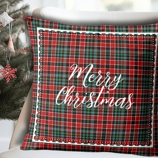 Merry Christmas Modern Plaid Script Cushion
