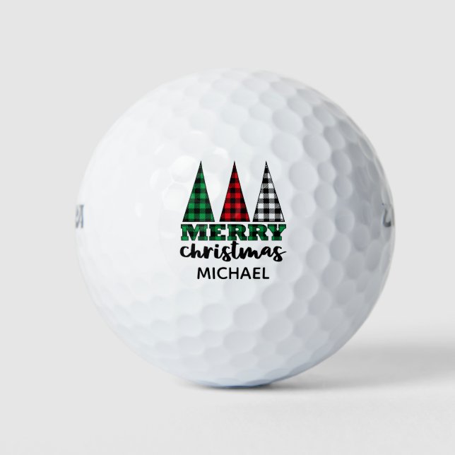 Merry Christmas Modern Plaid Trees Personalised Golf Balls (Front)