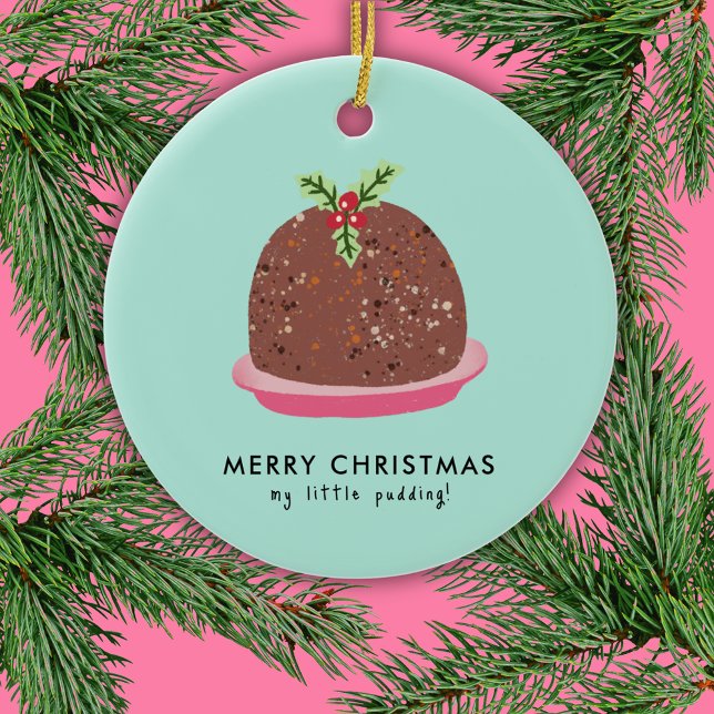 Merry Christmas Modern Pudding Illustration Ceramic Ornament (Cute 'My Little Pudding' Christmas ornament)