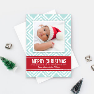 Merry Christmas Modern Red and Blue Ikat Photo Holiday Card