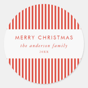 Merry Christmas Modern Red and White Stripes Classic Round Sticker