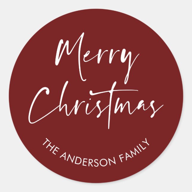 Merry Christmas Modern Red Calligraphy Family Classic Round Sticker (Front)