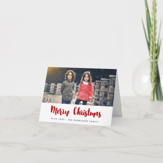 Merry Christmas Modern Red Family Photo Holiday Card (Front)
