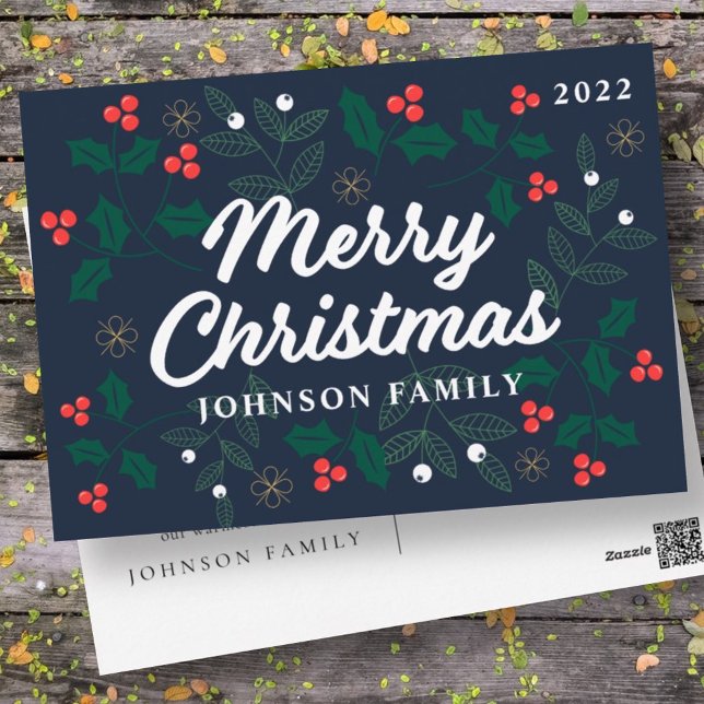 Merry Christmas Modern Red Holly Berries Foliage Holiday Postcard (Creator Uploaded)