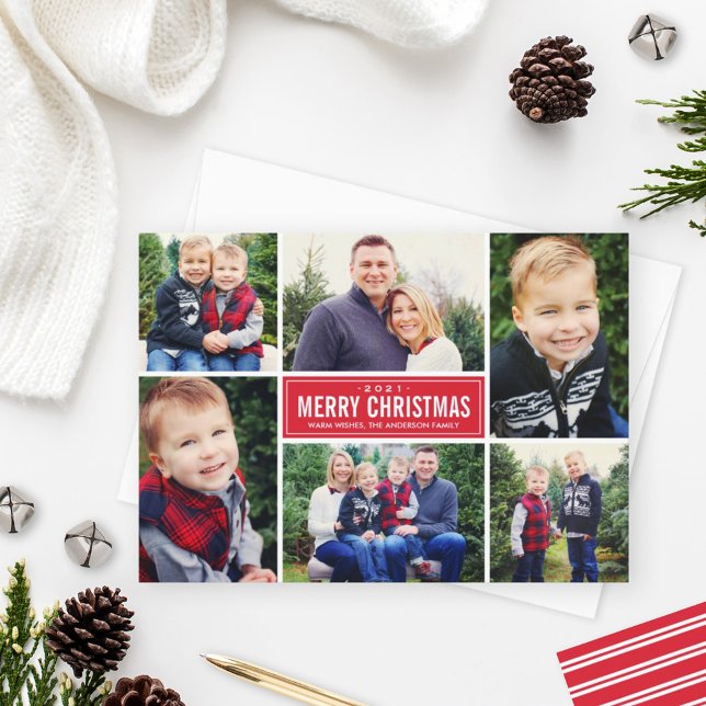 Merry Christmas Modern Red Photo Collage Holiday Card (Creator Uploaded)