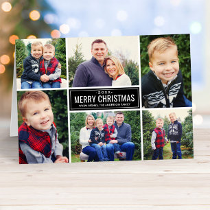Merry Christmas Modern Red Plaid Photo Collage Holiday Card