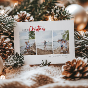 Merry Christmas Modern Red Script Minimalist Photo Holiday Card