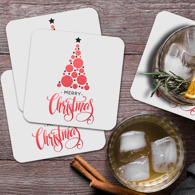 Merry Christmas Modern Red Tree Holiday Square Paper Coaster (Order in sets of 6 coasters)