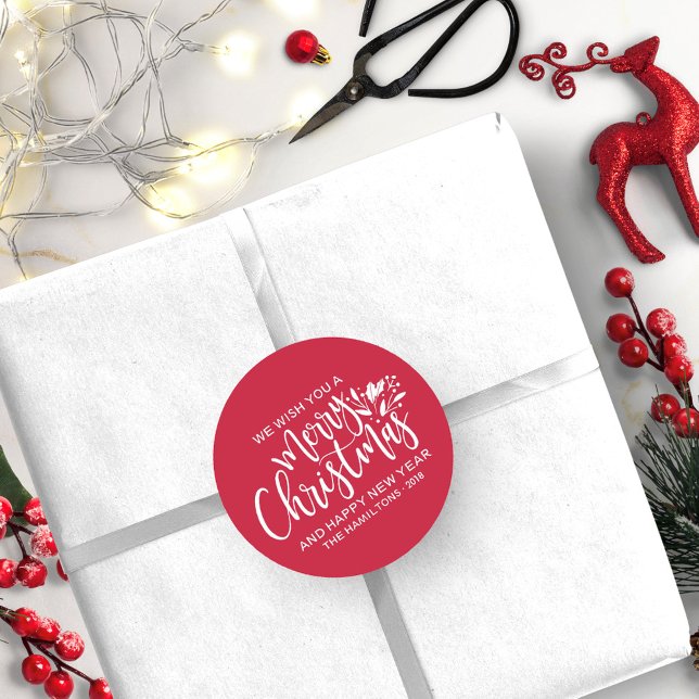 Merry Christmas Modern Red White Script Classic Round Sticker (Creator Uploaded)